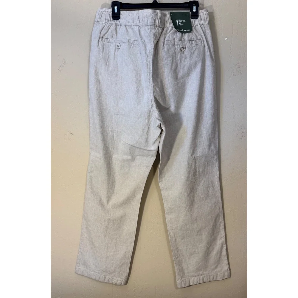 Mutual Weave Beach Pant Men L Khaki Relaxed Cotton Linen Blend Drawstring NEW‎